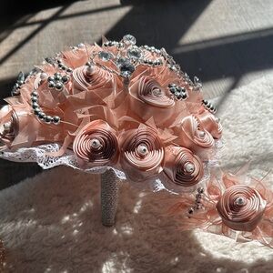 Blush Pink Bridal/Quince Bouquet and head piece with Rhinestone Accents